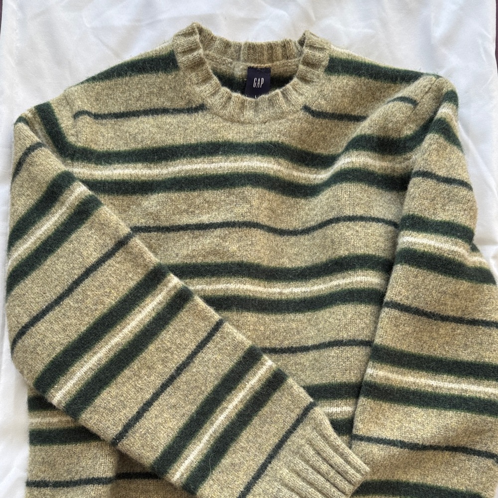 GAP Crewneck Sweater in Green and Tan Stripes.